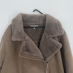 Heartloom Ariel Shearling Faux Sherpa Fur Biker Zip Taupe Jacket